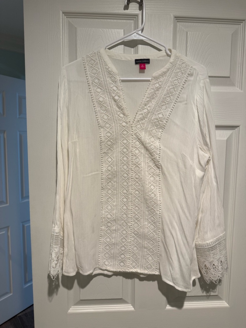 Vince Camuto white Lace-Trim V-Neck Blouse